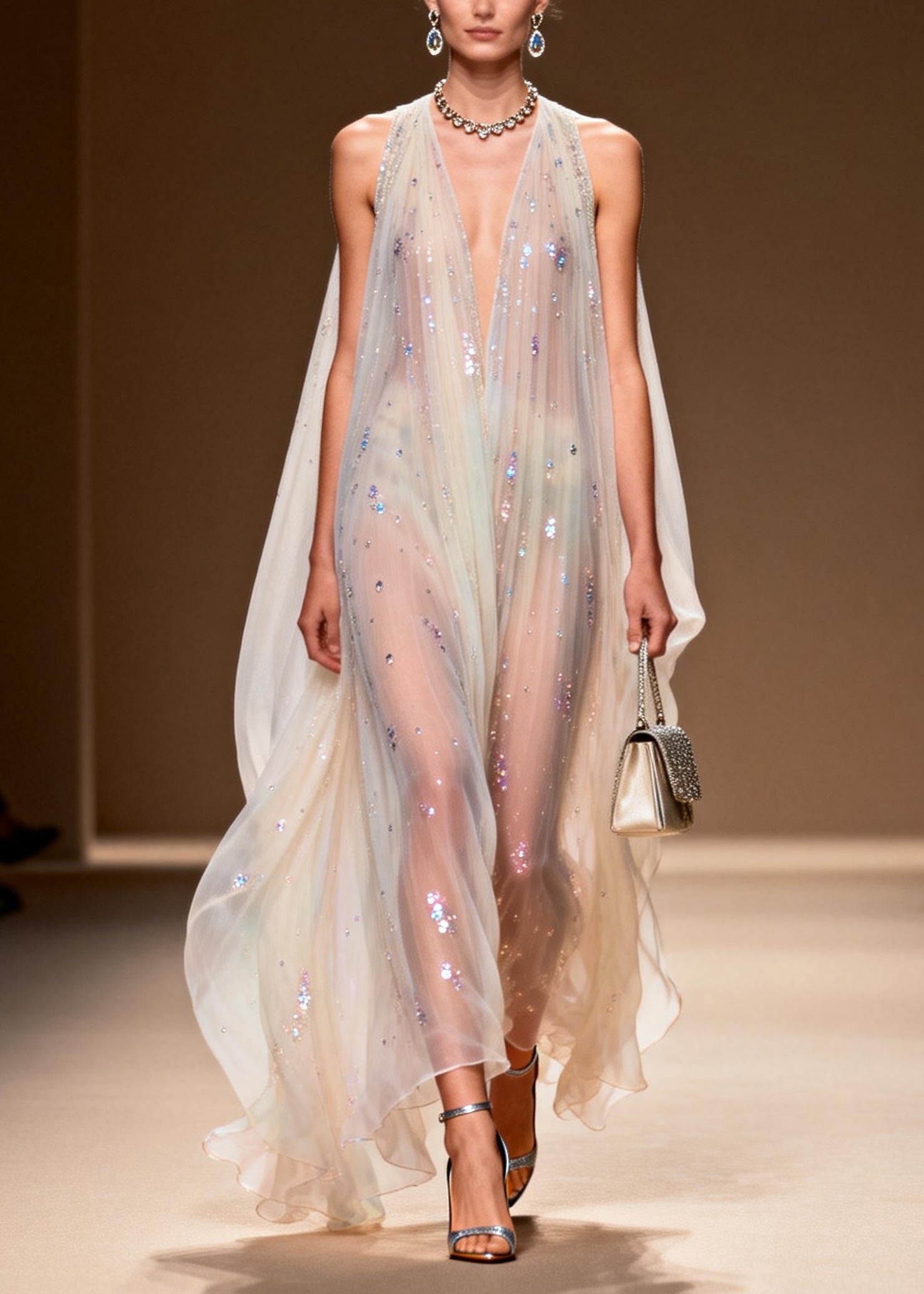 Sequin Scatter Halter Deep V-Neck Pleated Cape Sheer Maxi Gown