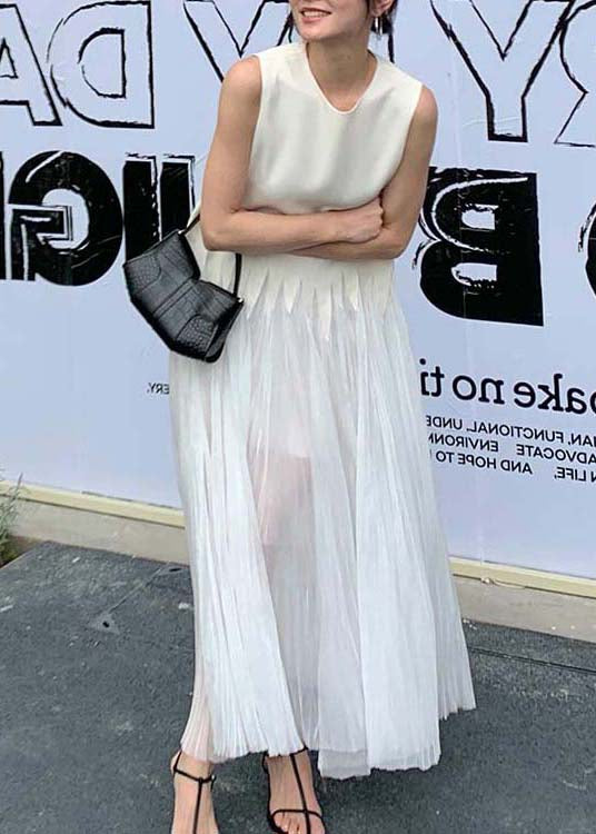 Sleeveless Crew Neck Sheer Pleated Jagged Seam Maxi Dress