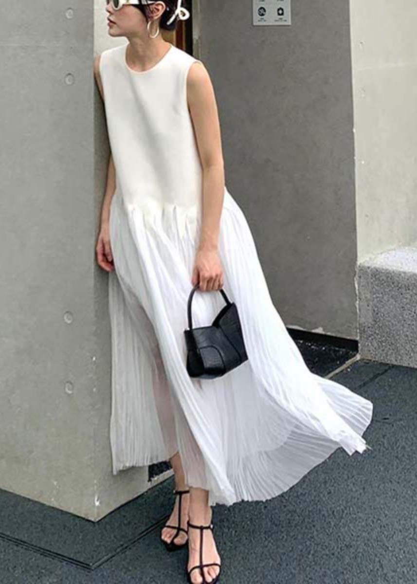 Sleeveless Crew Neck Sheer Pleated Jagged Seam Maxi Dress