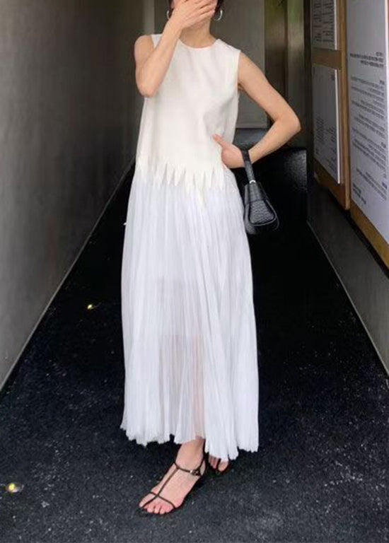 Sleeveless Crew Neck Sheer Pleated Jagged Seam Maxi Dress