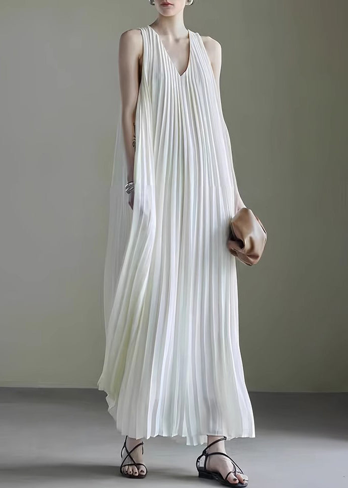 Chiffon Deep V-Neck Sleeveless Accordion Pleat Pocket Flowy Maxi Dress
