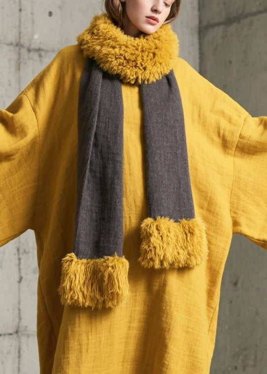 Oversized Gauze Batwing Sleeve Midi Dress and Faux Fur Trim Scarf Two Piece Set