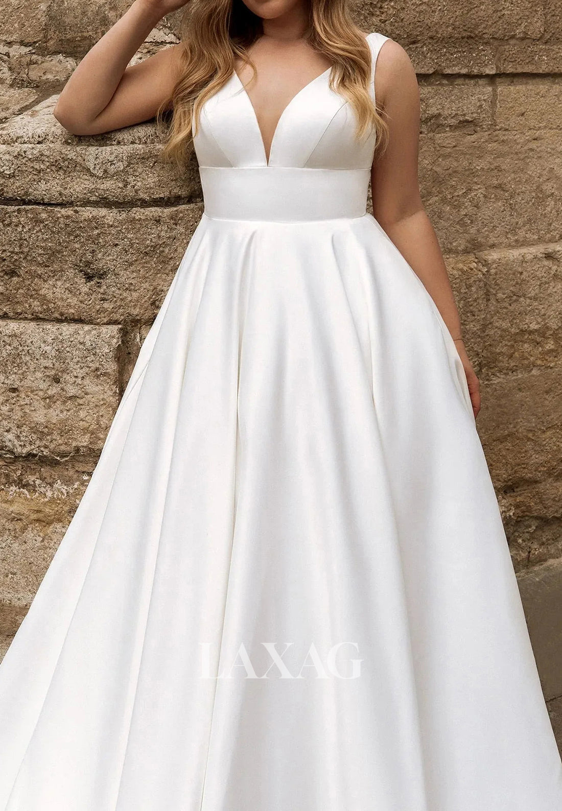 Deep V-Neck Pleated Satin A-Line Wedding Dress Off-Shoulder Sleeveless Sweep Train Bride Gowns