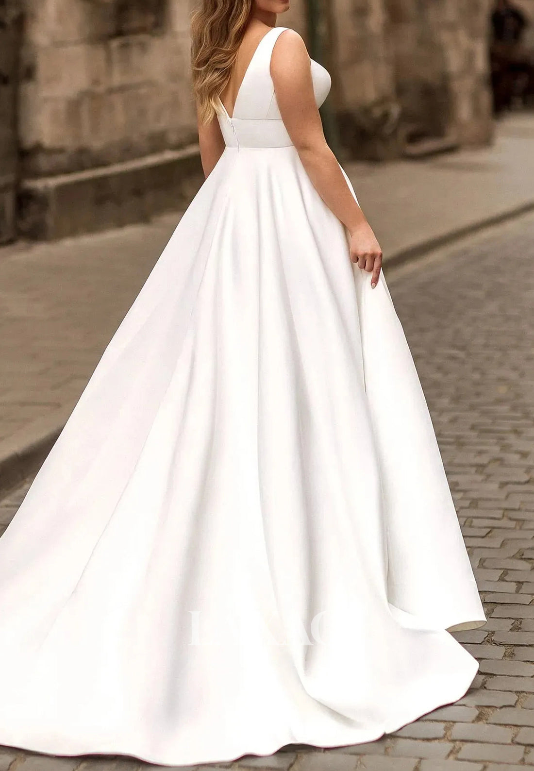 Deep V-Neck Pleated Satin A-Line Wedding Dress Off-Shoulder Sleeveless Sweep Train Bride Gowns