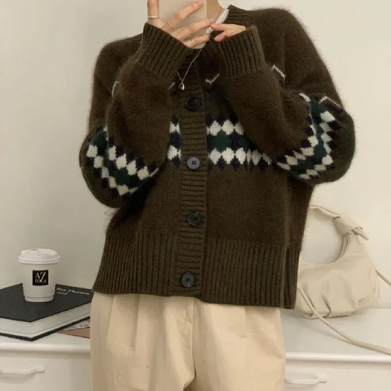 Crew Neck Fair Isle Fuzzy Knit Button Front Long Sleeve Cardigan 6