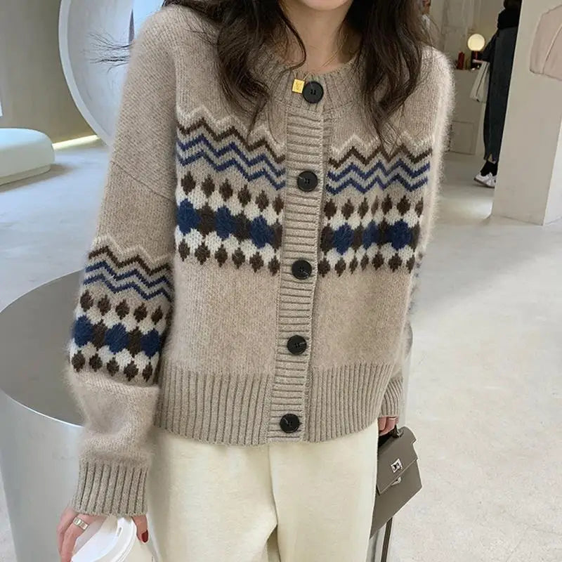 Crew Neck Fair Isle Fuzzy Knit Button Front Long Sleeve Cardigan