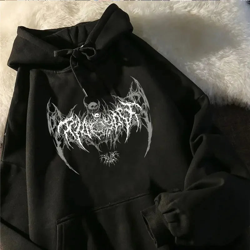 Gothic Bat Wing Skull Graphic Long Sleeve Pullover Hoodie 2