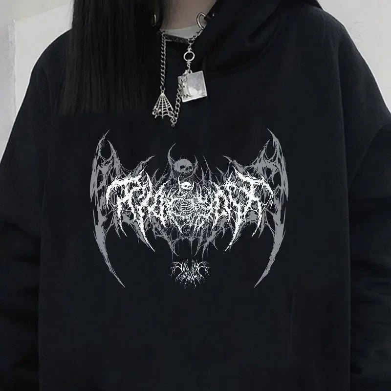 Gothic Bat Wing Skull Graphic Long Sleeve Pullover Hoodie