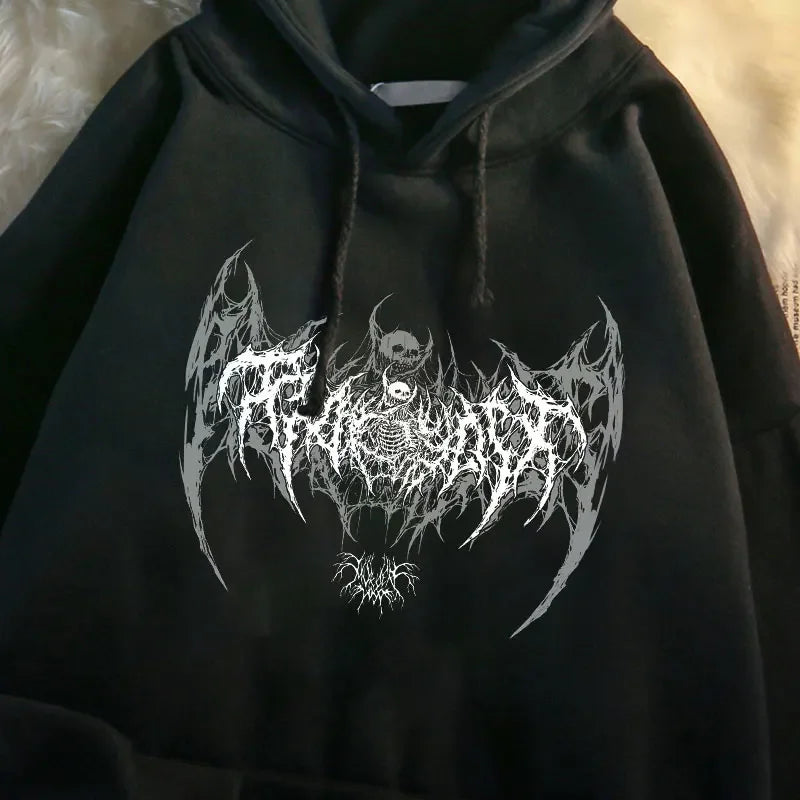 Gothic Bat Wing Skull Graphic Long Sleeve Pullover Hoodie 3