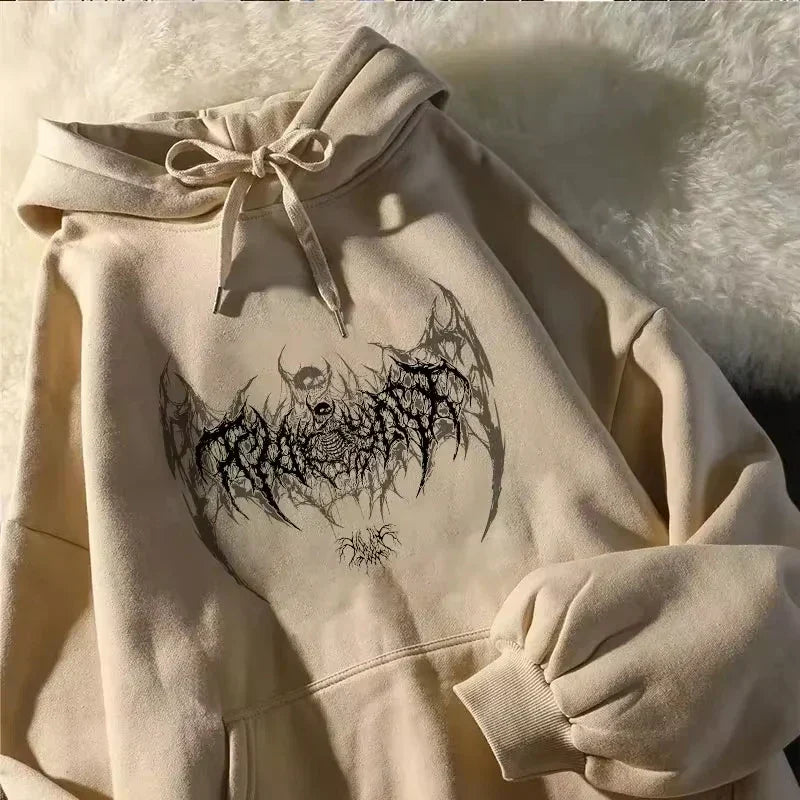 Gothic Bat Wing Skull Graphic Long Sleeve Pullover Hoodie 5
