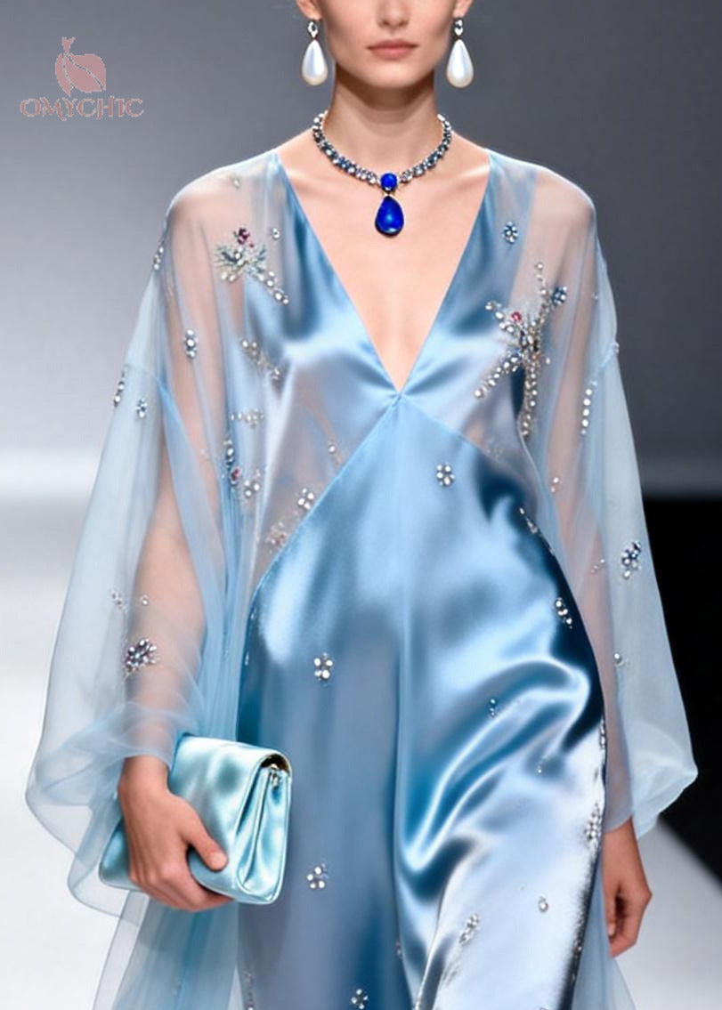 Rhinestone Floral Sheer Long Sleeve Overlay Satin V-Neck Empire Waist Two Piece Set