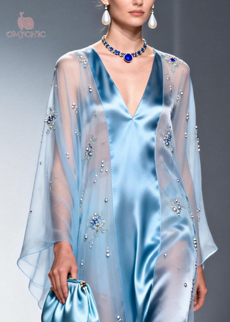 Rhinestone Floral Sheer Long Sleeve Overlay Satin V-Neck Empire Waist Two Piece Set