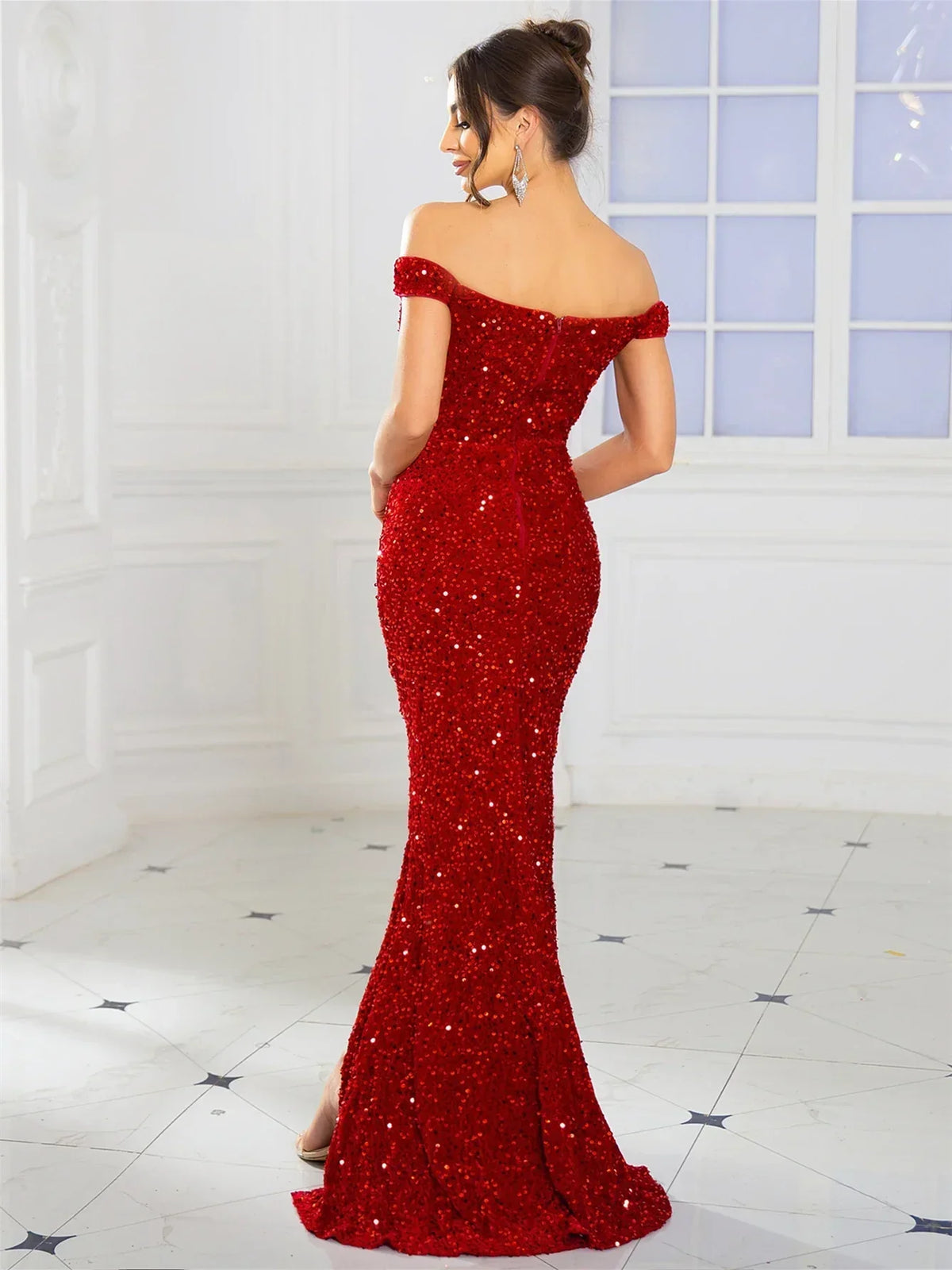 Sequin Off Shoulder Deep V-Neck Twist Front High Split Gown 4