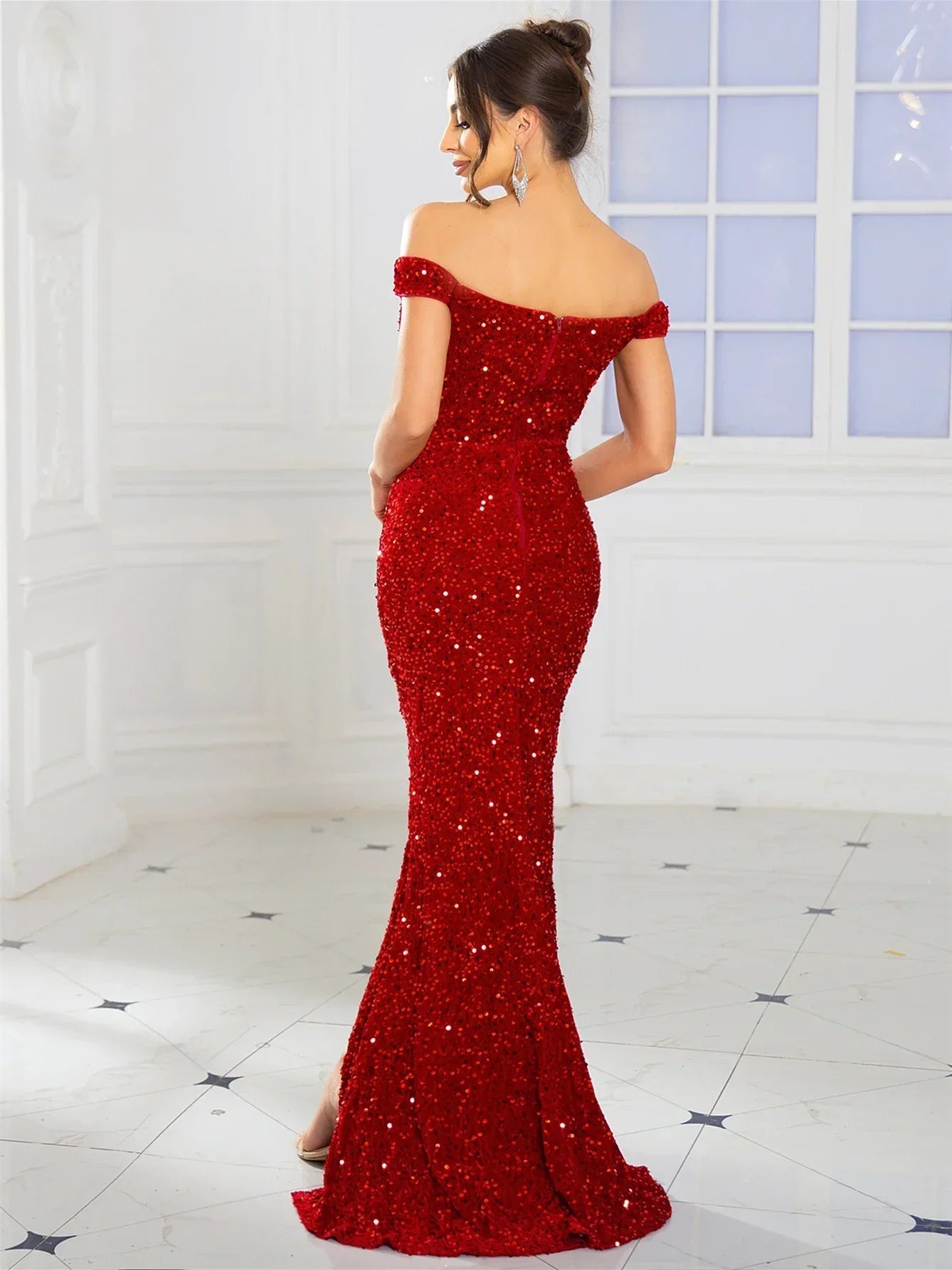 Off-the-Shoulder Sequin Maxi Dress