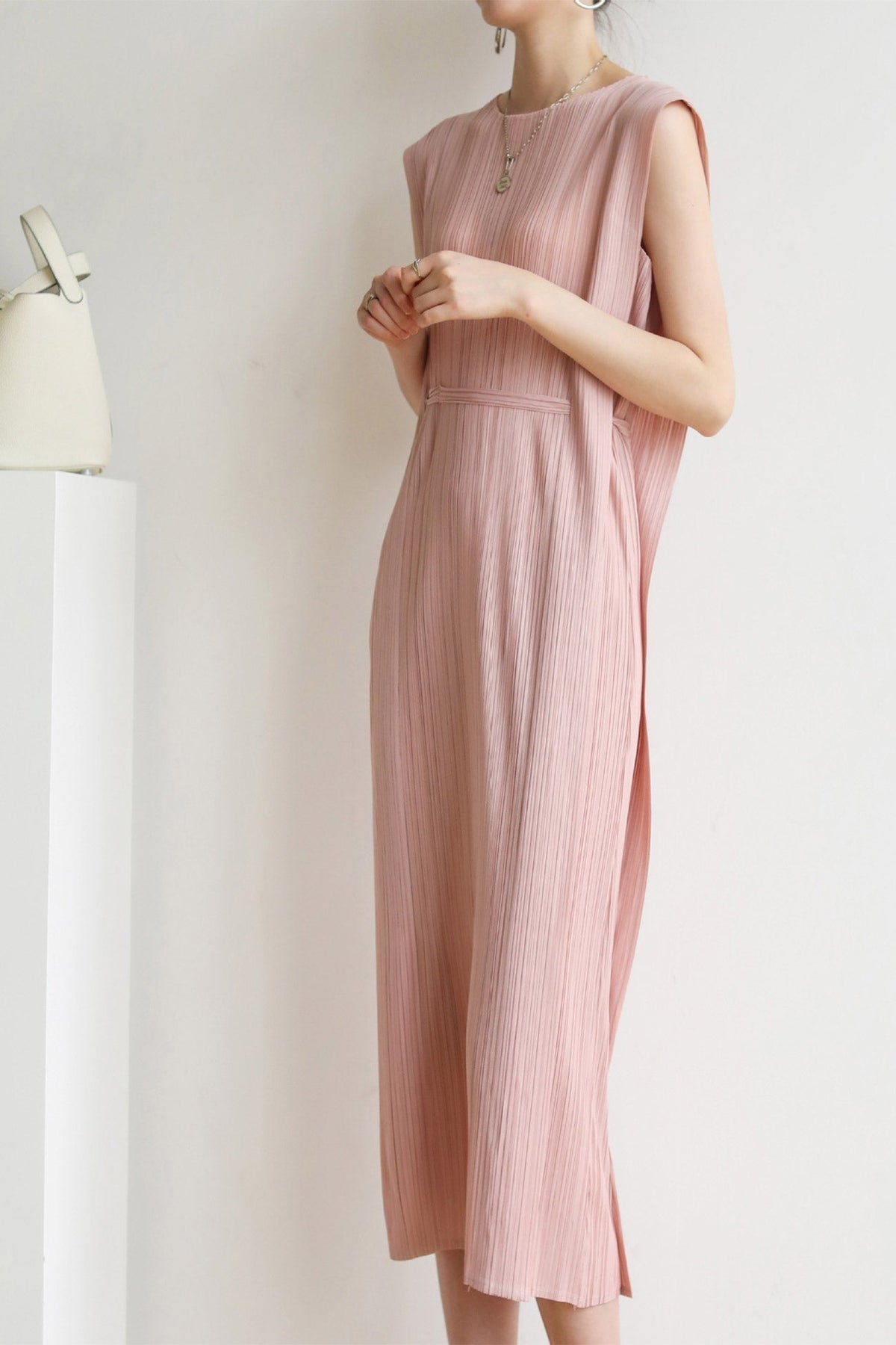 Plisse Pleated Crew Neck Sleeveless Tie Waist Side Split Midi Dress