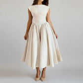 Boat Neck Cap Sleeve Fit and Flare Midi Dress