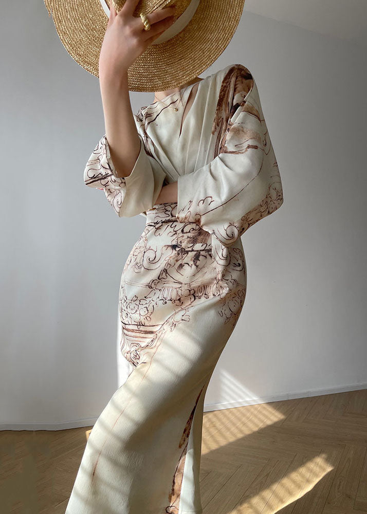 Satin Sketch Print Deep V-Neck Asymmetric Cut Out Lantern Sleeve Ruched Waist Pencil Midi Dress