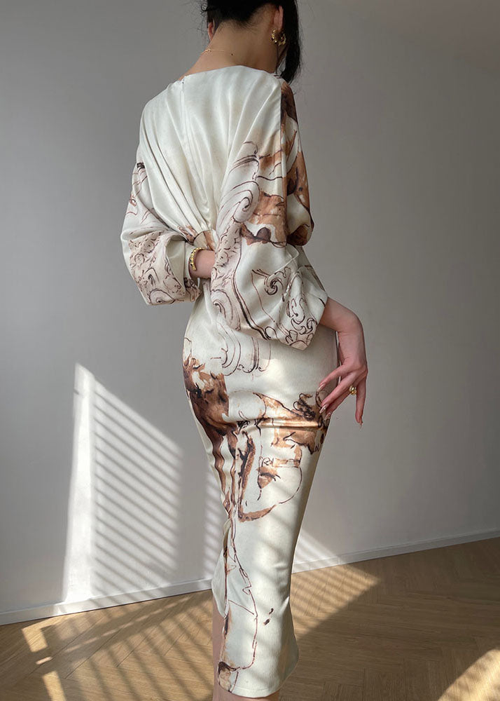 Satin Sketch Print Deep V-Neck Asymmetric Cut Out Lantern Sleeve Ruched Waist Pencil Midi Dress