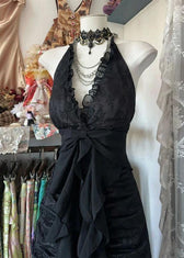 Slim Fit Black Backless Ruffled Lace Long Dress Sleeveless 3