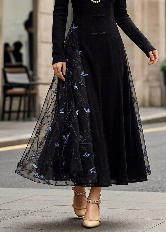 Mandarin Collar Frog Button Mesh Butterfly Embroidery Long Sleeve Maxi Dress