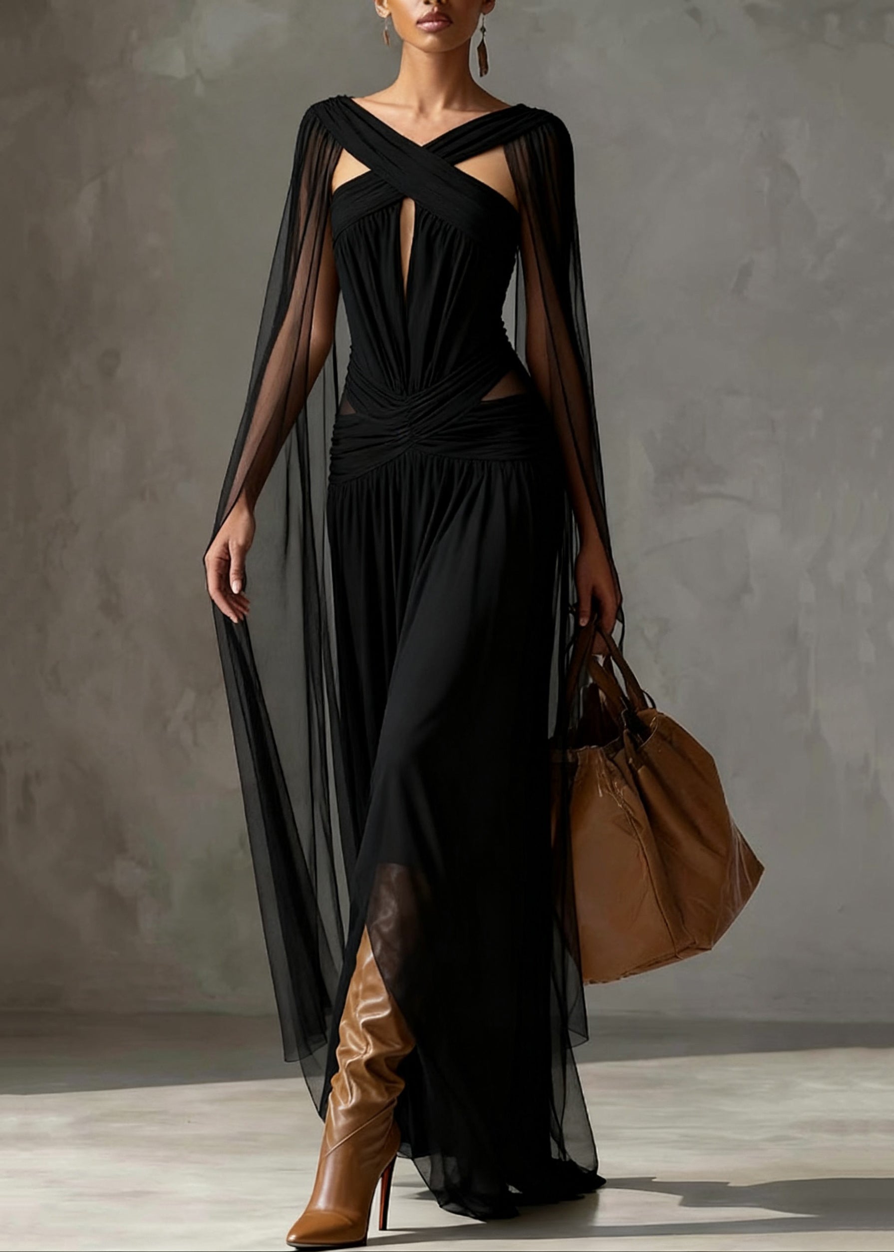 Tulle Halter Neck Cut Out Ruched Waist Sheer Cape Sleeve Party Gown