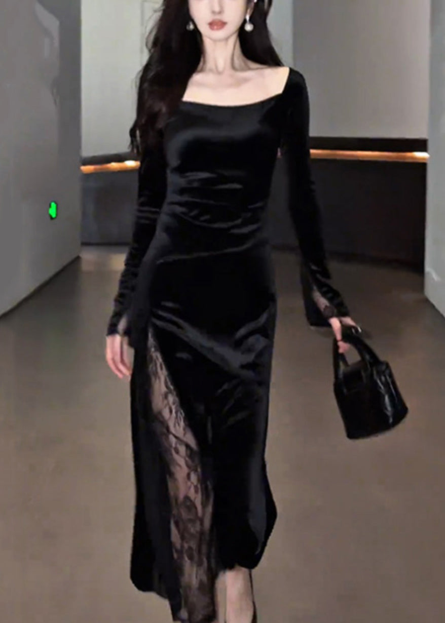 Velvet Square Neck Long Sleeve Lace Panel High Split Maxi Gown