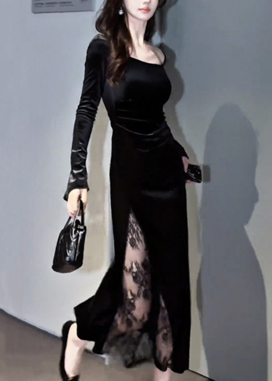 Velvet Square Neck Long Sleeve Lace Panel High Split Maxi Gown