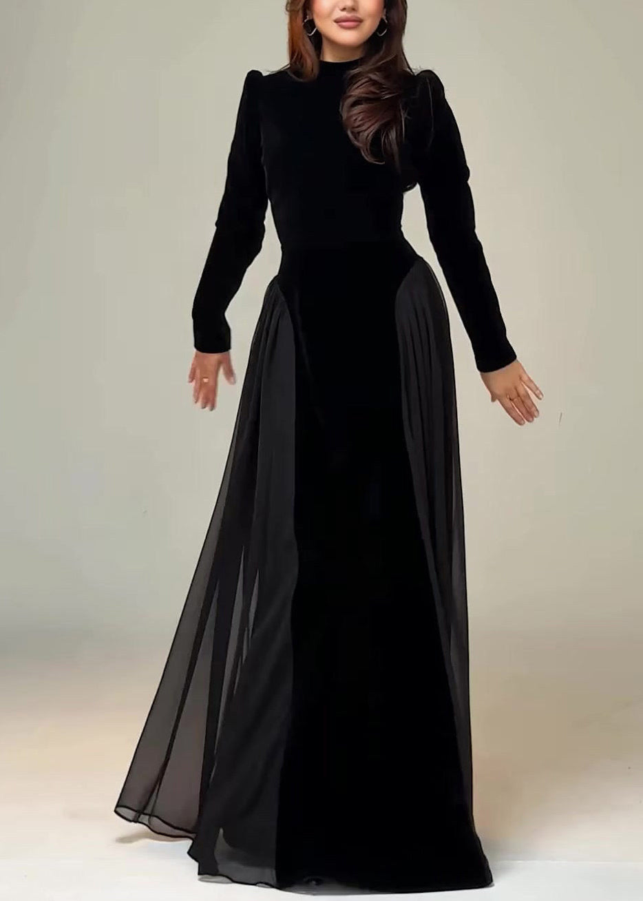 Slim Fit Black Tie Waist Chiffon Patchwork Maxi Dress Spring 2