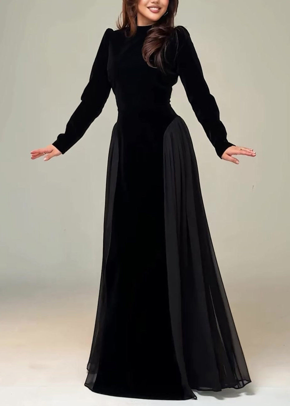 Slim Fit Black Tie Waist Chiffon Patchwork Maxi Dress Spring 4