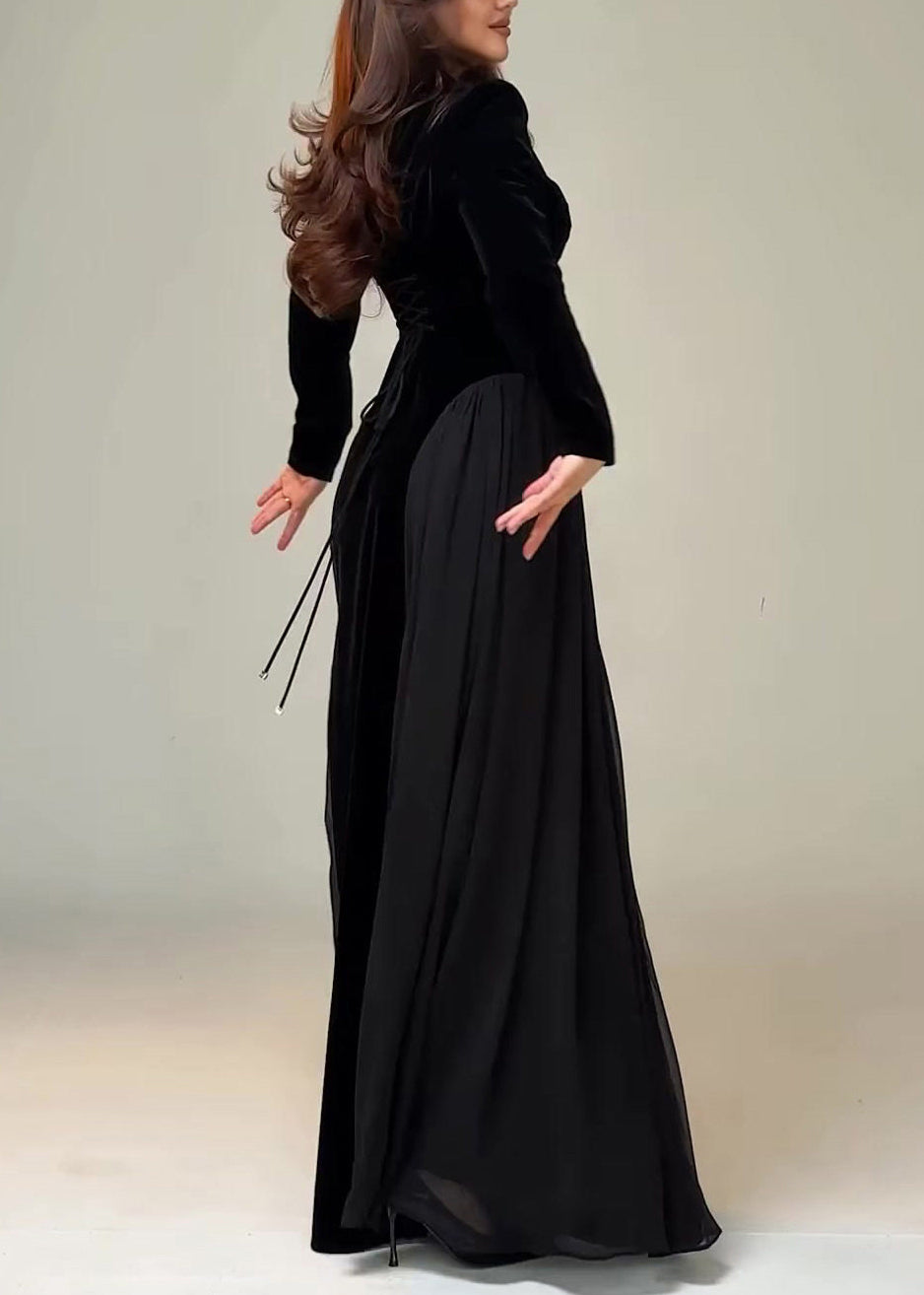 Slim Fit Black Tie Waist Chiffon Patchwork Maxi Dress Spring 5