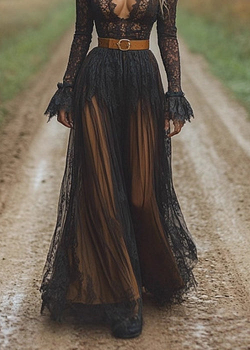 Lace Deep V-Neck Long Sleeve Ruffle Cuff Belted Tiered Maxi Gown