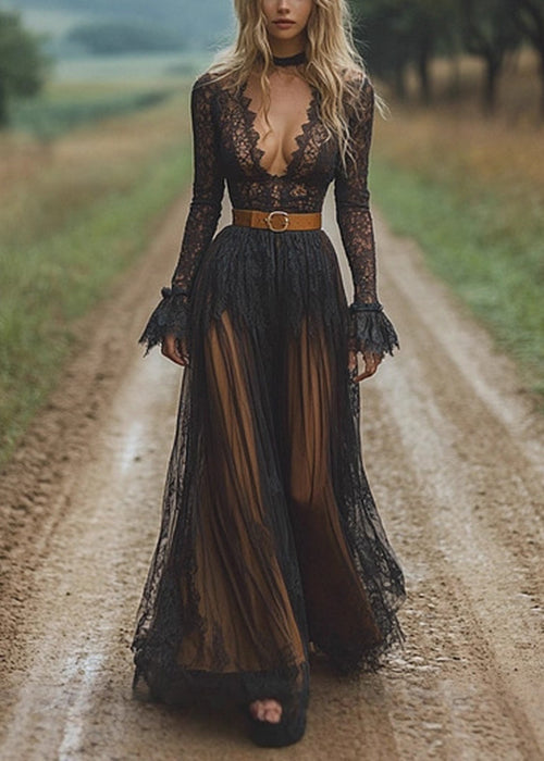 Lace Deep V-Neck Long Sleeve Ruffle Cuff Belted Tiered Maxi Gown