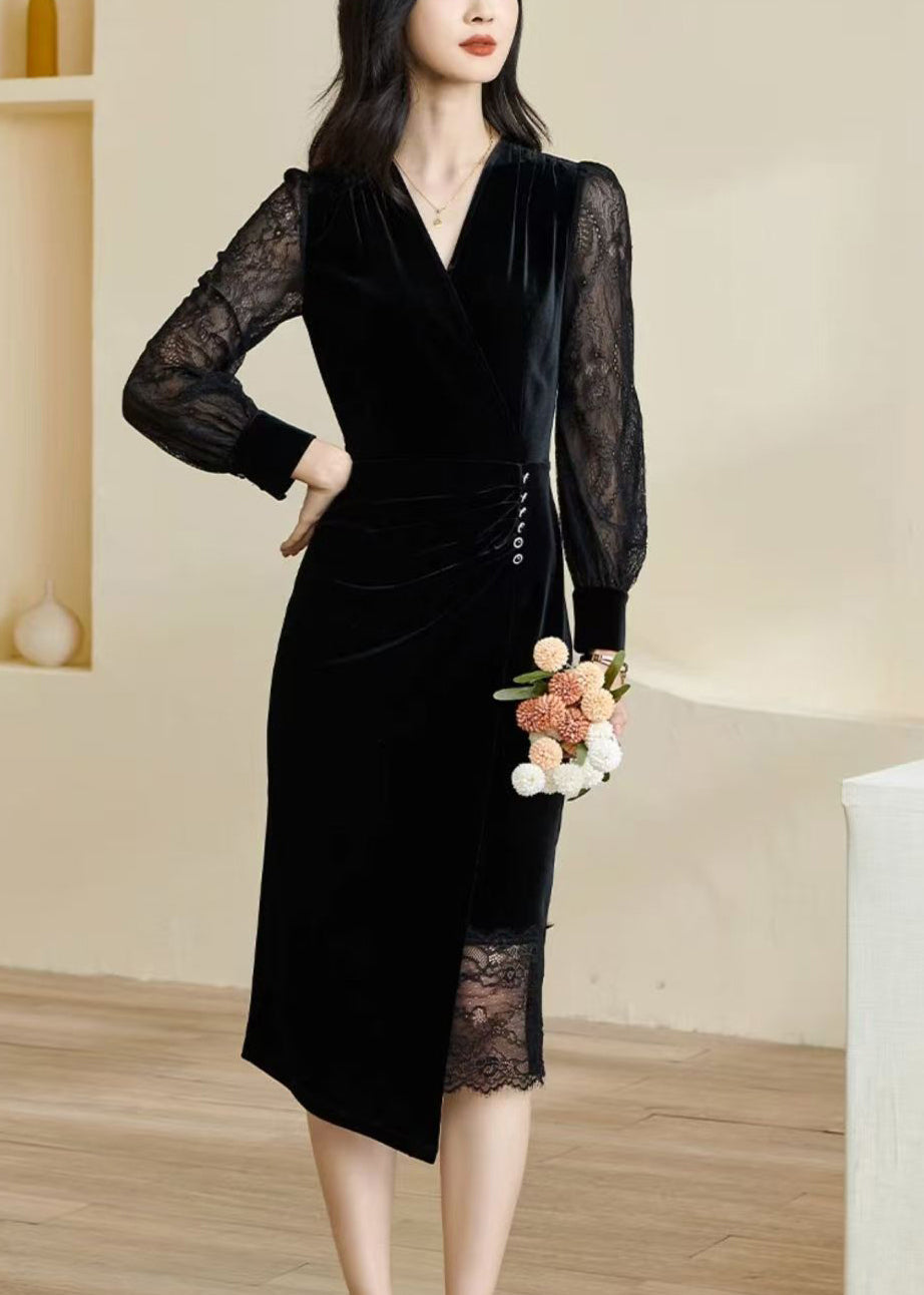 Slim Fit Black V Neck Lace Patchwork Maxi Dress Fall 2