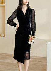 Slim Fit Black V Neck Lace Patchwork Maxi Dress Fall 2