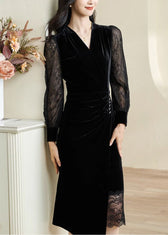 Slim Fit Black V Neck Lace Patchwork Maxi Dress Fall 3