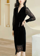 Slim Fit Black V Neck Lace Patchwork Maxi Dress Fall 4
