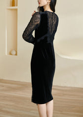 Slim Fit Black V Neck Lace Patchwork Maxi Dress Fall 5