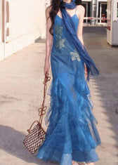 Slim Fit Blue Print Ruffled Tulle Long Spaghetti Strap Dress Summer