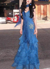 Slim Fit Blue Print Ruffled Tulle Long Spaghetti Strap Dress Summer 2