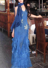 Slim Fit Blue Print Ruffled Tulle Long Spaghetti Strap Dress Summer 3