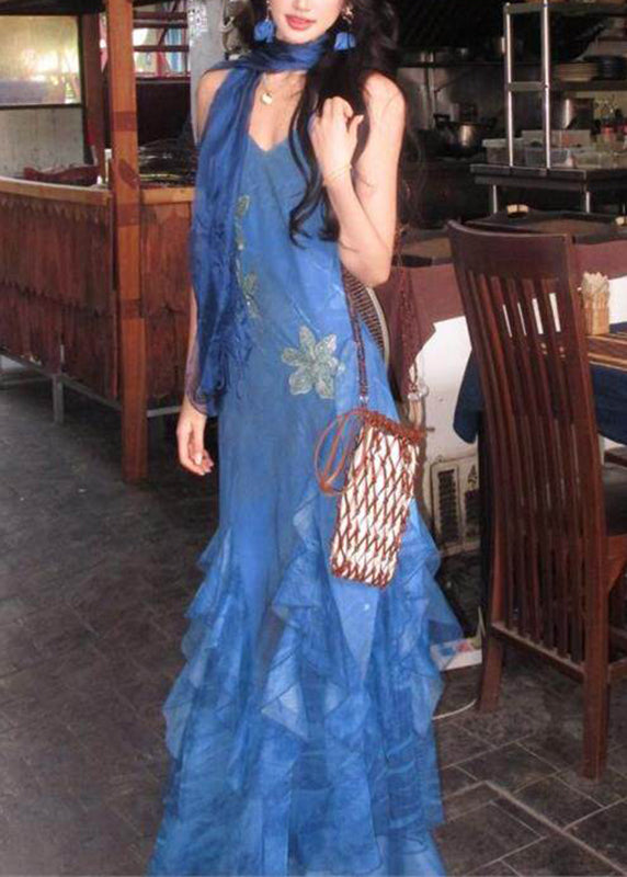 Slim Fit Blue Print Ruffled Tulle Long Spaghetti Strap Dress Summer 4