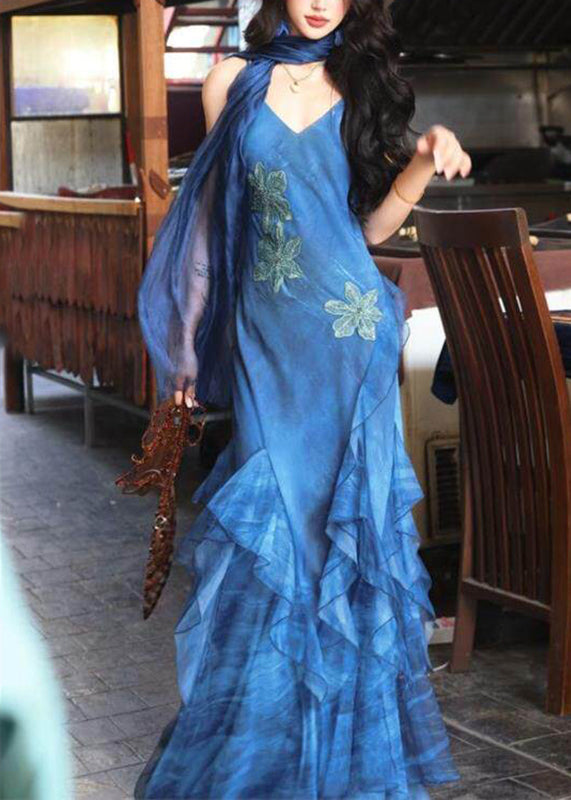 Slim Fit Blue Print Ruffled Tulle Long Spaghetti Strap Dress Summer 5