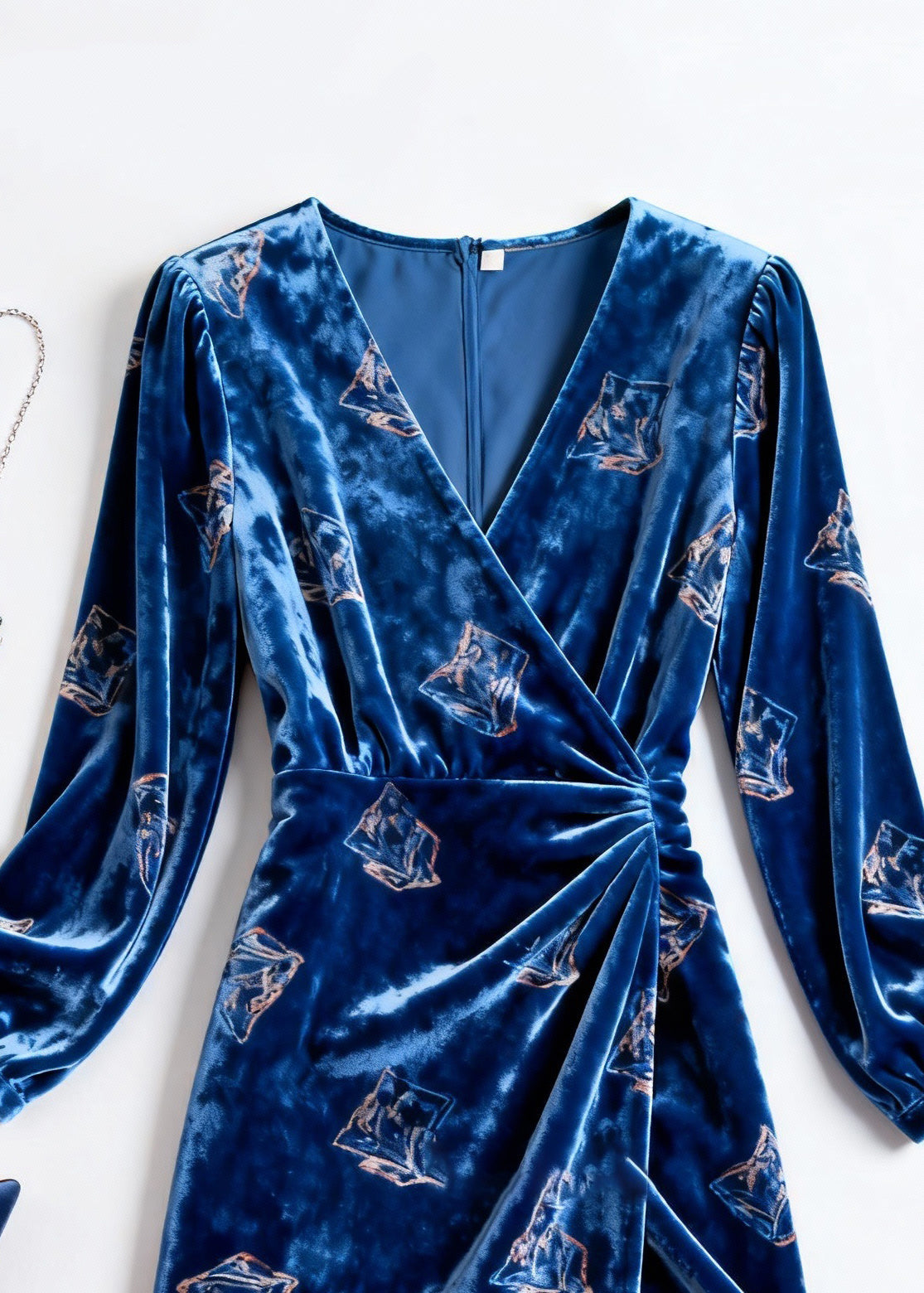 Velvet Sailboat Print Deep V-Neck Wrap Long Sleeve High Split Midi Dress