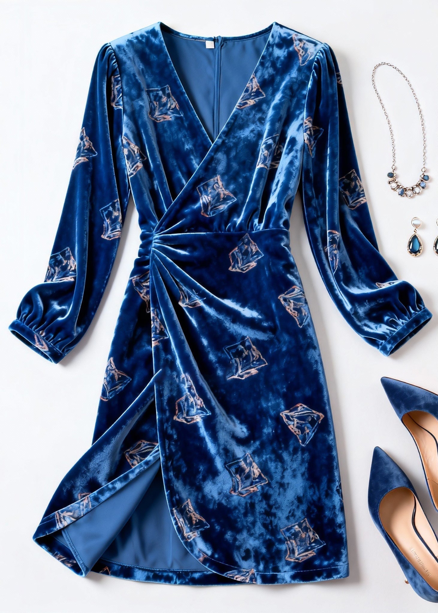 Velvet Sailboat Print Deep V-Neck Wrap Long Sleeve High Split Midi Dress