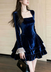 Slim Fit Blue Ruffled Lace Patchwork Silk Velvet Mini Dresses Spring 2