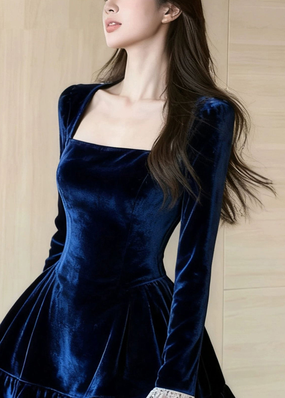Slim Fit Blue Ruffled Lace Patchwork Silk Velvet Mini Dresses Spring 3