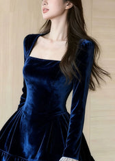 Slim Fit Blue Ruffled Lace Patchwork Silk Velvet Mini Dresses Spring 3