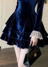 Slim Fit Blue Ruffled Lace Patchwork Silk Velvet Mini Dresses Spring 4