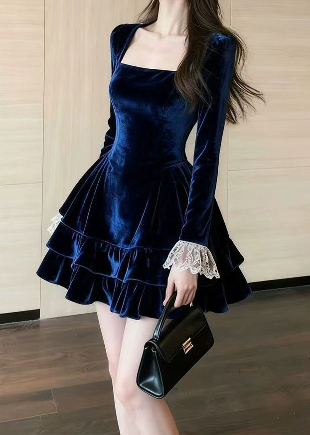 Slim Fit Blue Ruffled Lace Patchwork Silk Velvet Mini Dresses Spring 5