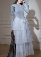 Slim Fit Blue Ruffled Up Tulle Patchwork Knit Long Dresses Fall 2